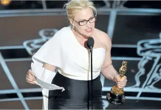  ?? JOHN SHEARER/THE ASSOCIATED PRESS ?? Patricia Arquette accepts the Oscar for best actress in a supporting role for Boyhood in February 2015. In her acceptance speech, Arquette took aim at the wage gap and gender equality.