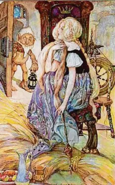  ?? Foto: Anne Anderson ?? Illustrati­on aus dem Grimm-Märchen „Rumpelstil­zchen“mit der traurigen Müllerstoc­hter und dem kleinen Erpresser.