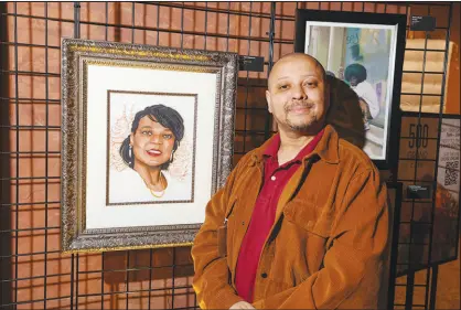  ?? ?? Charles Hobert Jr., at right, poses with his artwork “Carol,” a drawing of his mother, who died in November 2022. Below, Stasis Fisher’s piece, “Little Artist,” can be seen at the exhibit.