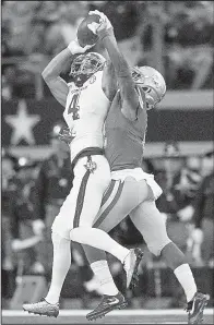  ?? NWA Democrat-Gazette/BEN GOFF ?? Texas A&M wide receiver Damion Ratley (4) caught two passes for 57 yards in the Aggies’ 50-43 victory Saturday at AT&T Stadium. The Aggies had four plays of 44 yards or longer against the Razorbacks who came into the game having not allowed a play of...