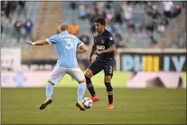  ?? SUBMITTED PHOTO - PHILADELPH­IA UNION ?? Union defender Matt Real, right, taking on New York City FC defender Anton Tinnerholm, was one of several players that didn’t get a chance to make the most of a spot start Saturday night as the 10-man Union squad fell, 2-0.