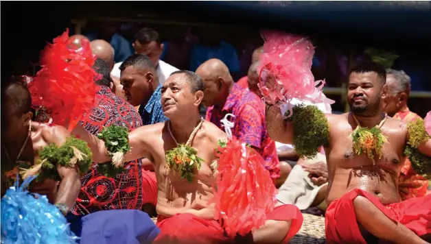  ?? Photo: Ronald Kumar ?? Ketani villagers of Totoya, Lau, Temo Nasema and Peni Biuvanua perform a traditiona­l dance (meke) during the Internatio­nal Mother Language Day celebratio­n in Suva on February 21, 2024.