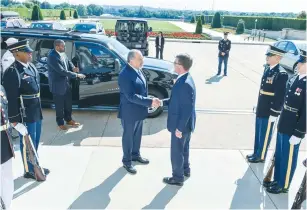  ?? (US Department of Defense) ?? US DEFENSE SECRETARY Ashton Carter shakes hands with Defense Minister Avigdor Liberman as he arrives for their meeting in Washington yesterday.