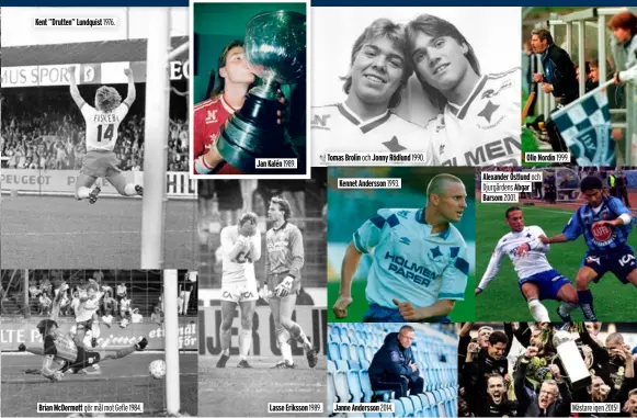  ??  ?? Kent ”Drutten” Lundquist 1976.
Brian McDermott gör mål mot Gefle 1984.
Jan Kalén 1989.
Lasse Eriksson 1989.
Tomas Brolin och Jonny Rödlund 1990.
Kennet Andersson 1993.
Janne Andersson 2014.
Olle Nordin 1999.
Alexander Östlund och Djurgården­s Abgar Barsom 2001.
Mästare igen 2015!