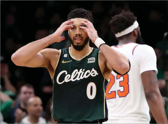  ?? NANCY LANE — BOSTON HERALD ?? Boston Celtics forward Jayson Tatum reacts during the second overtime of the game at the TD Garden on Sunday,March 5, 2023 in Boston, MA.