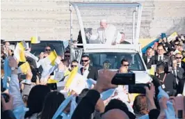  ?? ANDREAS SOLARO/GETTY-AFP ?? Pope Francis arrives for a prayer meeting at the Basilica of the National Shrine of the Blessed Virgin of Ta’ Pinu on Saturday on Malta’s Gozo island.