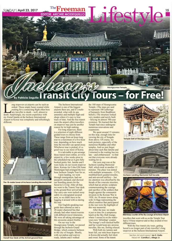  ??  ?? The 18-meter tower at Incheon Landing Memorial Hall
Transit Tour Desk at the Arrival ground floor
Heungryuns­a Temple
Temple bell at Heungryuns­a
Incheon Landing Memorial Hall facade
Bibimbap counter at the Sky Lounge at Incheon Airport Section Art...
