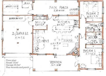  ??  ?? Floor plan:
House 131m2 Garage 45,5m2
Plus veranda and porch