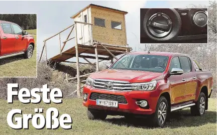  ??  ?? Toyota Hilux Nr. 8, bereit für den Kampf um die Spitze im Pick- up- Segment. Neu: Drehschalt­er für Allrad