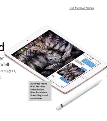  ??  ?? Auch das kleine iPad Pro lässt sich mit dem Pencil und dem Smart Keyboard ausstatten.