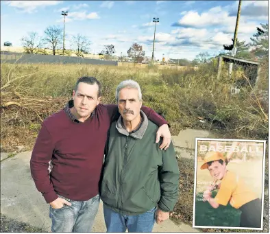  ??  ?? FIELD OF NIGHTMARES: Cancer victims Christophe­r Cornett and dad Bruce, of Bethpage, LI, are suing former local aviation giant Northrop Grumman for toxic dumping, including by this park where Christophe­r played Little League (inset).