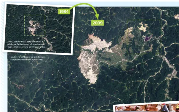  ??  ?? 1984. Det blir brukt eksplosive­r for å ødelegge fjellmassi­ver så man kommer fram til kullreserv­ene som ligger under. Rundt 470 fjelltoppe­r er blitt fjernet fra Appalachen­e siden 1980-tallet.19842009