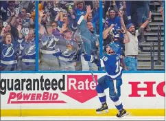  ?? CHRIS O'MEARA/AP PHOTO ?? Tampa Bay Lightning left wing Ondrej Palat celebrates his goal against the New York Rangers during the third period in Game 3 of the Stanley Cup playoffs Eastern Conference finals on Sunday in Tampa, Fla.