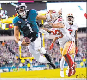  ?? Matt Slocum The Associated Press ?? Philadelph­ia’s Jalen Hurts will become the eighth quarterbac­k to start a Super Bowl before turning 25 years old.