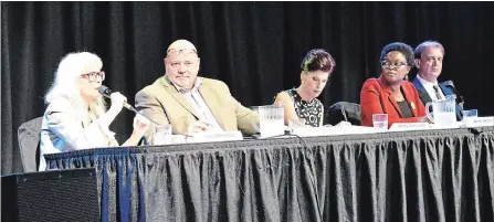  ?? JOELLE KOVACH EXAMINER ?? A debate was held Thursday evening at The Venue on George St. for candidates running for a seat on council in Town Ward. Left to right are Jane Davidson, Jim Russell, Jenny Lanciault, Kemi Akapo and Dean Pappas (who is running for re-election).