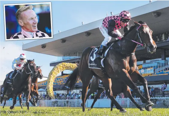  ??  ?? Jockey Jim Byrne (inset) pilots Rothfire to victory in the Run To The Rose at Rosehill earlier this month. Picture: Getty Images