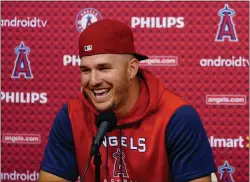  ?? MATT SLOCUM — THE ASSOCIATED PRESS ?? Los Angeles Angels’ Mike Trout speaks during a news conference before the start of a series against the Phillies on Friday. Trout is a Millville native.