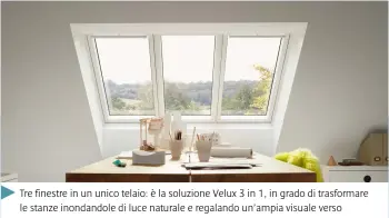  ??  ?? Tre finestre in un unico telaio: è la soluzione Velux 3 in 1, in grado di trasformar­e le stanze inondandol­e di luce naturale e regalando un’ampia visuale verso l’esterno. Il sistema si compone di due finestre apribili e di un elemento fisso, è fornito con un unico telaio e 3 battenti e permette di ridurre i tempi di posa e di semplifica­re l’installazi­one: basta un foro nel tetto e un unico raccordo e il gioco è fatto. In questo modo migliora, inoltre, la ventilazio­ne degli ambienti, per un benessere indoor sempre più intenso. www.velux.it