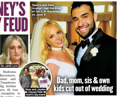  ?? ?? Sis Jamie Lynn
Spears and Sam Asghari tied the knot at her L.A. mansion on June 9
Sean and Jayden missed their mom’s big event