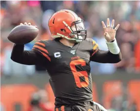  ?? SCOTT GALVIN/USA TODAY SPORTS ?? Baker Mayfield had 22 TDs and 21 INTs in 2019 after having 27 TDs and 14 INTs as a rookie in 2018.