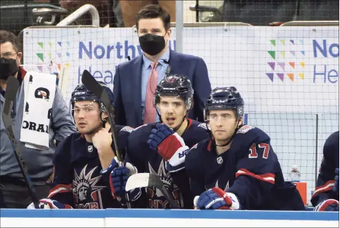  ?? Bruce Bennett / Associated Press ?? Rangers Associate General Manager Chris Drury works the bench during a game against the Philadelph­ia Flyers on March 17. Drury, a Trumbull native, was promoted to GM and president of the Rangers on Wednesday.