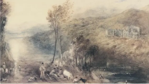  ??  ?? 0 The watercolou­r of the author Sir Walter Scott and his family at Abbotsford is now thought to be a previously unknown work by the artist JMW Turner