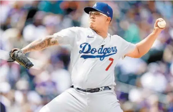  ?? AP ?? El culichi Julio Urías lució al convertirs­e en el lanzador que menos pitcheos ha necesitado para completar 7 innings esta temporada.