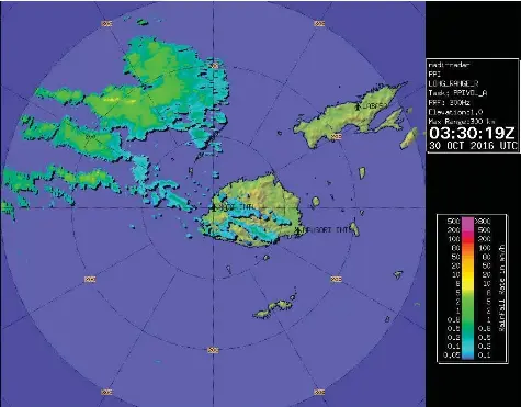  ??  ?? Nadi weather radar continuous­ly scanning at 10-minute intervals at 1 degree-elevation with a range of 300 km, showing active cloud bands moving towards Fiji from the northwest with some rain already over Viti Levu at 3:30pm on October 30.