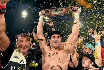  ??  ?? Left, Joseph Parker consoles Andy Ruiz Jr after their fight, and right, he celebrates his victory with trainer Kevin Barry.