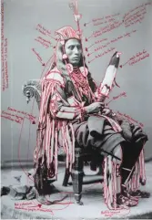  ??  ?? 5
Wendy Red Star, Peelatchiw­aaxpáash/ Medicine Crow (Raven), 2014, pigment print on paper, from the digitally reproduced and artist-manipulate­d photograph by C.M. Bell, National Anthropolo­gical Archives, Smithsonia­n Institutio­n, 25 x 17". Brooklyn Museum; Elizabeth A. Sackler Center for Feminist Art, Gift of Loren G. Lipson, M.D., TL2018.8. 1a-b. © Wendy Red Star. Photo by Jonathan Dorado, Brooklyn Museum.