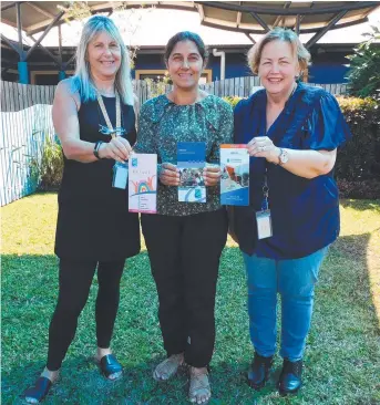  ??  ?? Centacare placement student Christina shows off the updated BRIDGE brochure with support workers Lisa and Nerida showing off BRIDGE brochures used throughout the years.