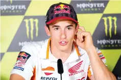  ?? - AFP photo ?? (FILES) This file photo taken on June 8, 2017 shows Repsol Honda Team’s Spanish rider Marc Marquez speaking during a press conference at the Catalunya racetrack in Montmelo, near Barcelona, on eve of the Catalunya Moto GP Grand Prix training sessions.