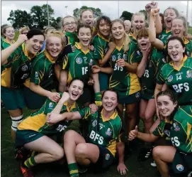  ??  ?? Knockanann­a camogie players celebrate after winnig a three-in-a-row of Senior camogie titles last Saturday in Baltinglas­s.