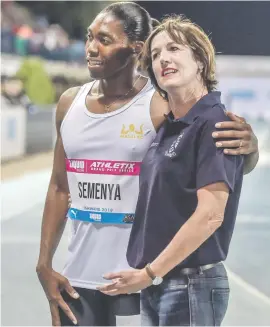  ?? Picture: Gallo Images ?? TWO CHAMPIONS. Caster Semenya is congratula­ted by previous record holder Ilze Wicksell after smashing the 35-year-old national 1000m record during the Liquid Telecom Athletix Grand Prix Series meeting at the Tuks Stadium on Thursday.