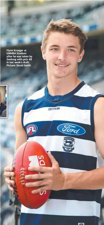  ?? Picture: David Smith ?? Flynn Kroeger at GMHBA Stadium after he was taken by Geelong with pick 48 in last week’s draft.