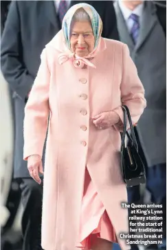  ??  ?? The Queen arrives at King’s Lynn railway station for the start of her traditiona­l Christmas break at
Sandringha­m