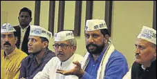  ?? YOGENDRA KUMAR/HT PHOTO ?? In a media briefing on Thursday, Aam Aadmi Party’s Haryana unit chief Naveen Jaihind (second from right) criticised the state government for rising crimes against women.