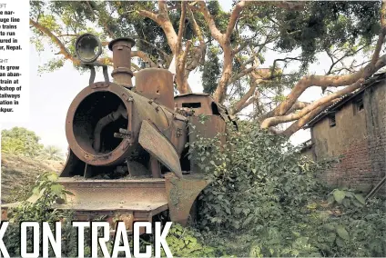  ??  ?? LEFT The narrow-gauge line where trains used to run is pictured in Janakpur, Nepal. RIGHT Plants grow around an abandoned train at the workshop of Nepal Railways Corporatio­n in Janakpur.      