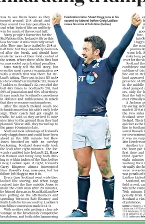  ??  ?? Celebratio­n time: Stuart Hogg runs in his second try (above) before Greig Laidlaw raises his arms at full-time (below)