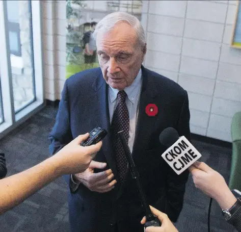  ?? KAYLE NEIS ?? Former prime minister Paul Martin speaks to reporters after a talk at the University of Saskatchew­an in Saskatoon on Thursday.