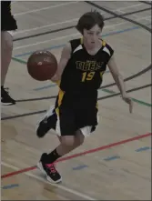  ?? ?? Irvine Tigers' Ethan Bowey (#19) dribbles the ball up court against the Alexandra Jayhawks.