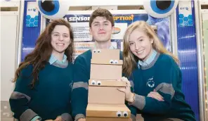  ??  ?? ABOVE: Hazel Lehane, Brian O’Kane and Keri Murphy from Coláiste Choilm, Cork, with their exhibit ‘The sense of being stared at: a statistica­l analysis of extra sensory perception’.