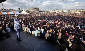  ?? Photograph: Suleiman Mbatiah/AFP/Getty Images ?? Presidenti­al candidate Raila Odinga addresses supporters in Nakuru on 5 June 2022.