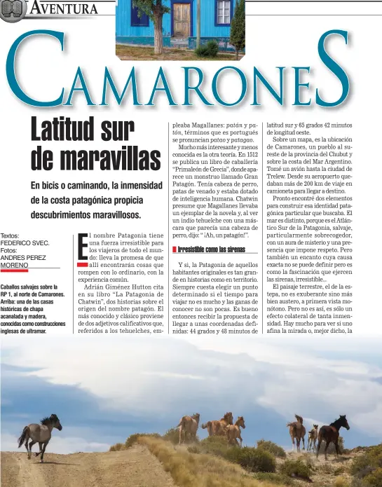  ??  ?? Caballos salvajes sobre la RP 1, al norte de Camarones. Arriba: una de las casas históricas de chapa acanalada y madera, conocidas como construcci­ones inglesas de ultramar.