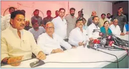  ?? ALL PICS BY DEEPAK GUPTA/HT PHOTO ?? Shivpal Yadav (seated third from left), along with others at a press conference on Sunday.