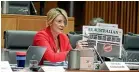  ?? NINE ?? Labor Senator Kristina Keneally raises questions on press freedom while holding copies of the front pages of Australian newspapers participat­ing in the Your Right to Know campaign.