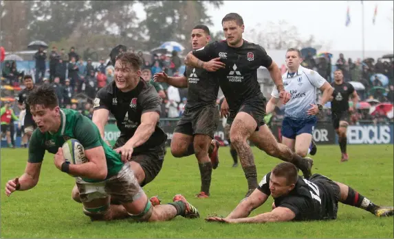  ??  ?? Brian Deeny crossing the line for his try during the World Cup Under-20 fifth place semi-final clash with England in Santa Fe, Argentina, last June.