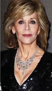  ??  ?? A statement necklace hides any crepiness on 78-year-old Jane Fonda’s cleavage, while the thick, sequinned fabric provides ample support, boosting her full bust