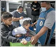  ?? ?? Auckland based Tongans gather at the Mt Smart stadium carpark to donate nonperisha­ble goods. Water, canned foods, sugar and flour were some of the most popular items being sent to the disaster stricken islands.