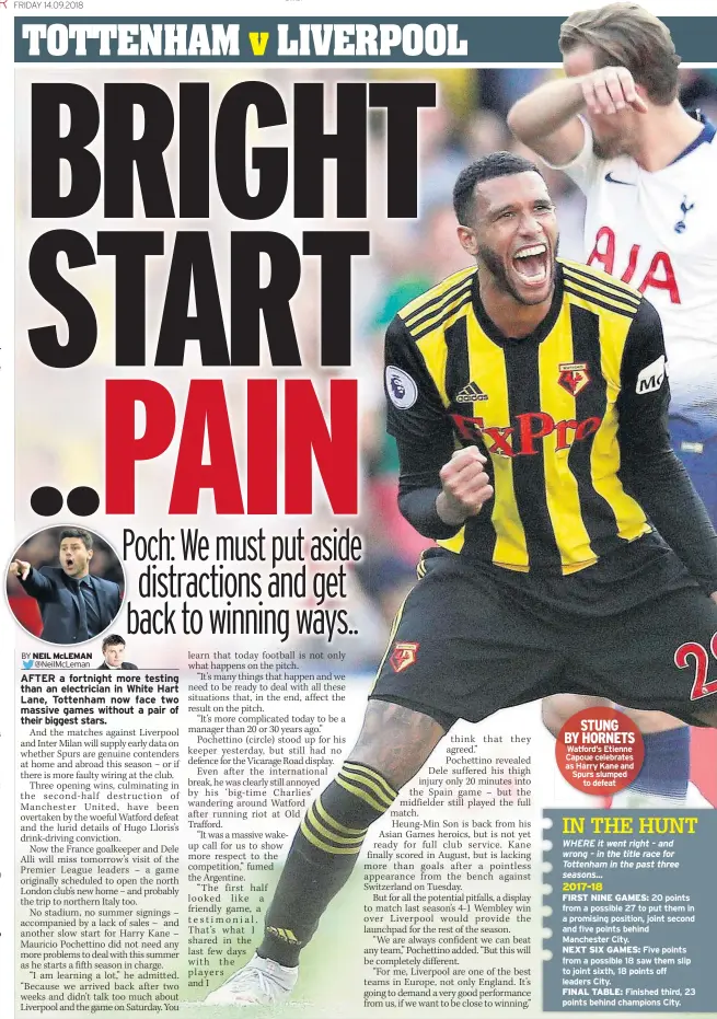  ??  ?? STUNG BY HORNETS Watford’s Etienne Capoue celebrates as Harry Kane and Spurs slumped to defeat